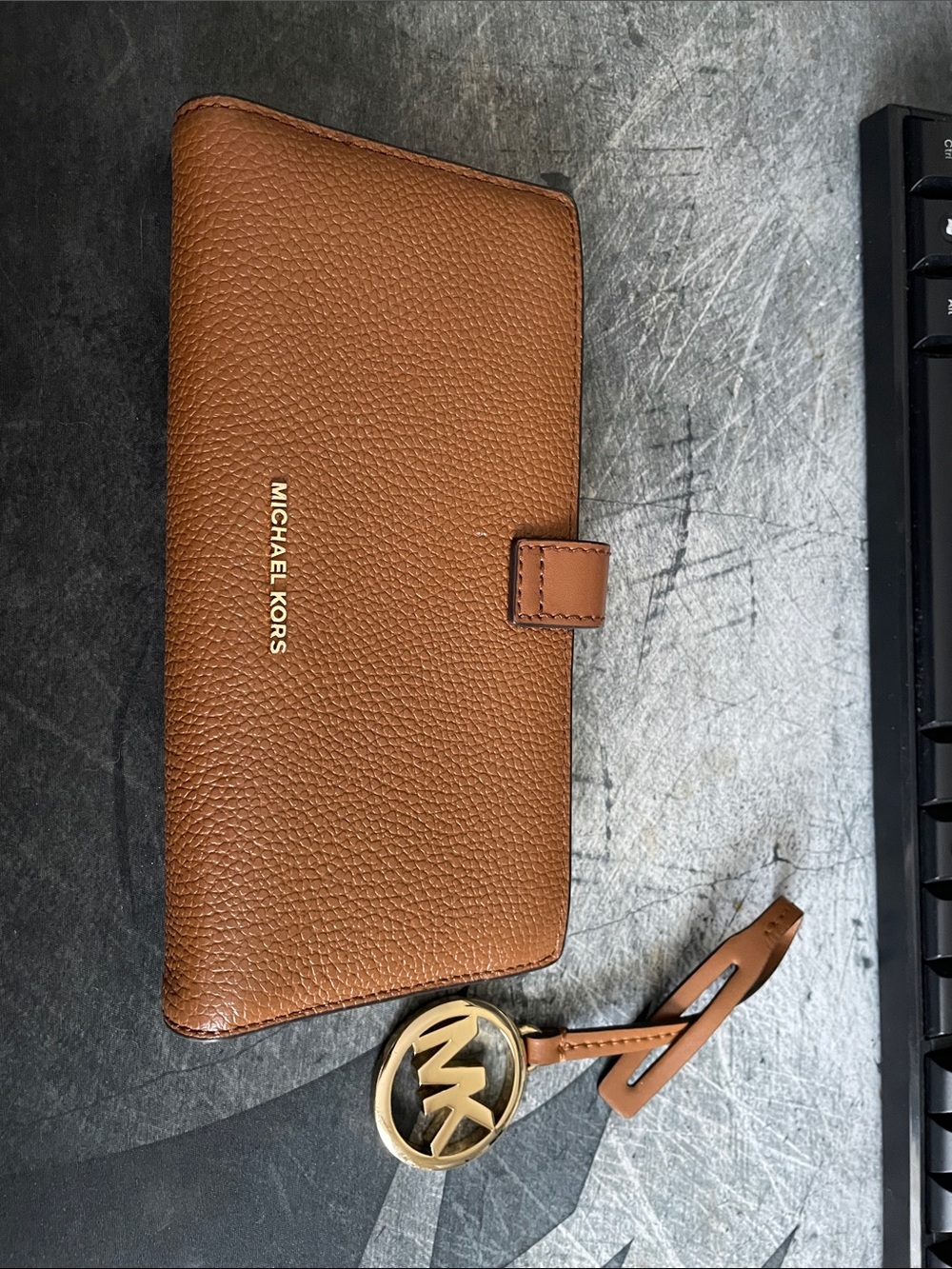 Michael Kors Tan Pebbled Leather Continental Wallet with Gold Logo Charm